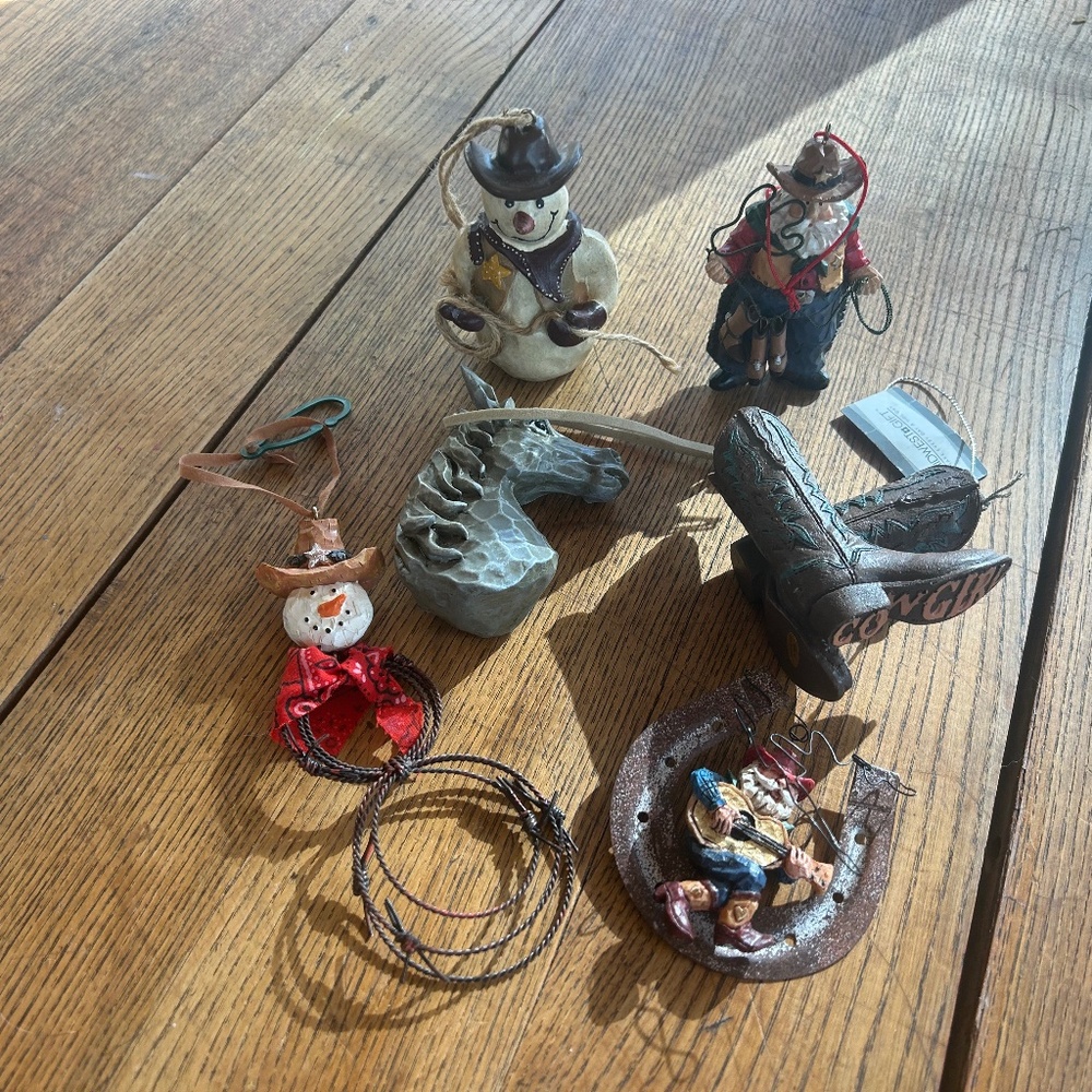 Western style Christmas tree ornaments.